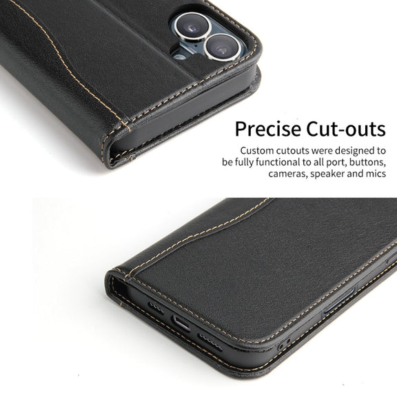 For iPhone 16 Plus Fierre Shann Cowhide Leather Flip Leather Phone Case(Black)