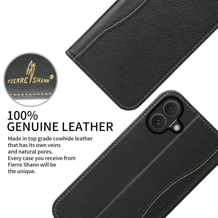 For iPhone 16 Plus Fierre Shann Cowhide Leather Flip Leather Phone Case(Black)