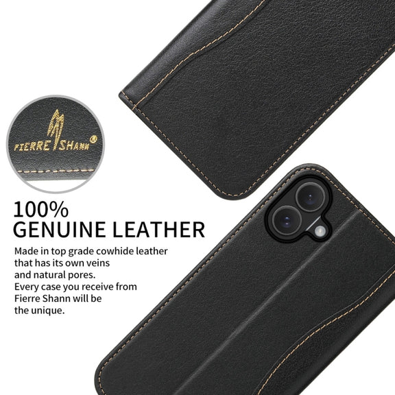 For iPhone 16 Plus Fierre Shann Cowhide Leather Flip Leather Phone Case(Black)