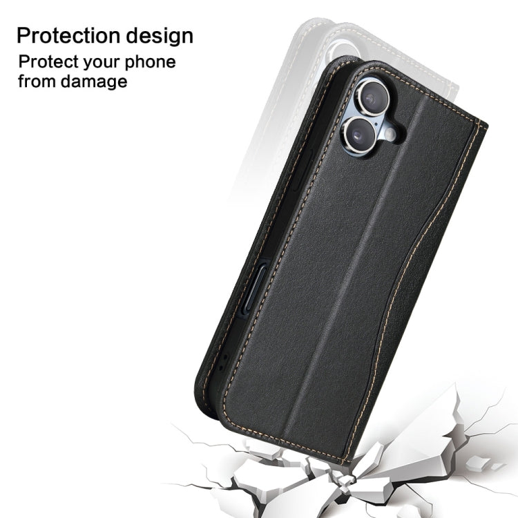 For iPhone 16 Plus Fierre Shann Cowhide Leather Flip Leather Phone Case(Black)