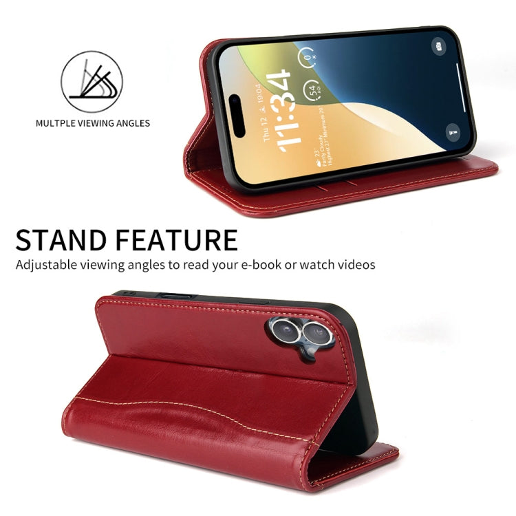 For iPhone 16 Plus Fierre Shann Cowhide Leather Flip Leather Phone Case(Red)