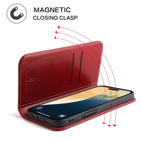For iPhone 16 Plus Fierre Shann Cowhide Leather Flip Leather Phone Case(Red)