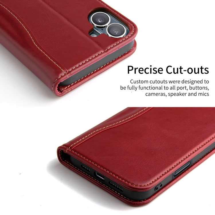 For iPhone 16 Plus Fierre Shann Cowhide Leather Flip Leather Phone Case(Red)
