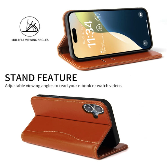 For iPhone 16 Plus Fierre Shann Cowhide Leather Flip Leather Phone Case(Brown)