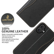 For iPhone 16 Fierre Shann Cowhide Leather Flip Leather Phone Case(Black)