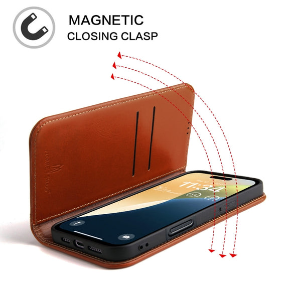 For iPhone 16 Fierre Shann Cowhide Leather Flip Leather Phone Case(Brown)