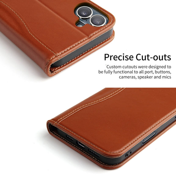 For iPhone 16 Fierre Shann Cowhide Leather Flip Leather Phone Case(Brown)
