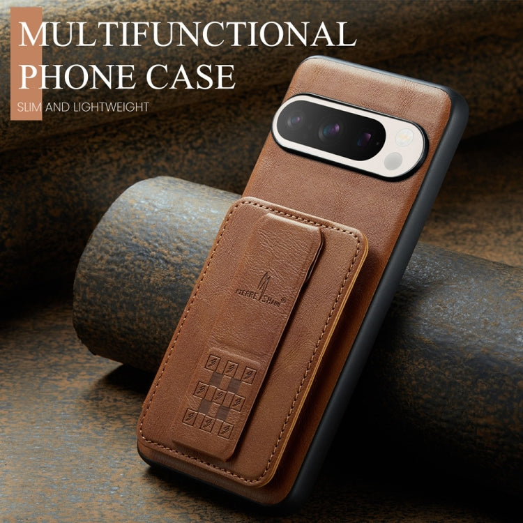 For Google Pixel 9 Pro XL Fierre Shann Oil Wax Cow Leather Card Holder Back Phone Case(Brown)