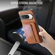 For Google Pixel 9 Pro XL Fierre Shann Oil Wax Cow Leather Card Holder Back Phone Case(Brown)