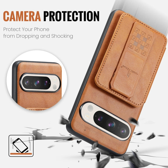 For Google Pixel 9 Pro XL Fierre Shann Oil Wax Cow Leather Card Holder Back Phone Case(Brown)