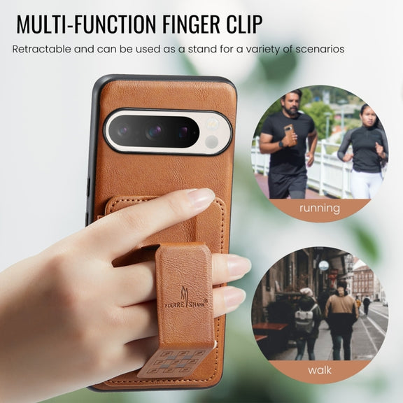 For Google Pixel 9 Pro XL Fierre Shann Oil Wax Cow Leather Card Holder Back Phone Case(Brown)
