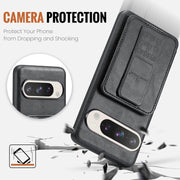 For Google Pixel 9 / 9 Pro Fierre Shann Oil Wax Cow Leather Card Holder Back Phone Case(Black)