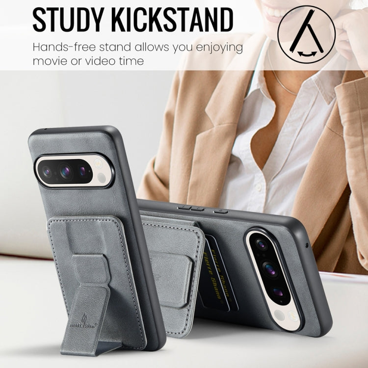 For Google Pixel 9 / 9 Pro Fierre Shann Oil Wax Cow Leather Card Holder Back Phone Case(Grey)