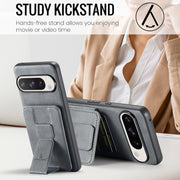 For Google Pixel 9 / 9 Pro Fierre Shann Oil Wax Cow Leather Card Holder Back Phone Case(Grey)