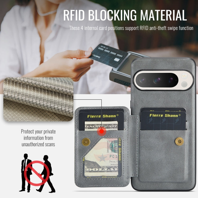 For Google Pixel 9 / 9 Pro Fierre Shann Oil Wax Cow Leather Card Holder Back Phone Case(Grey)
