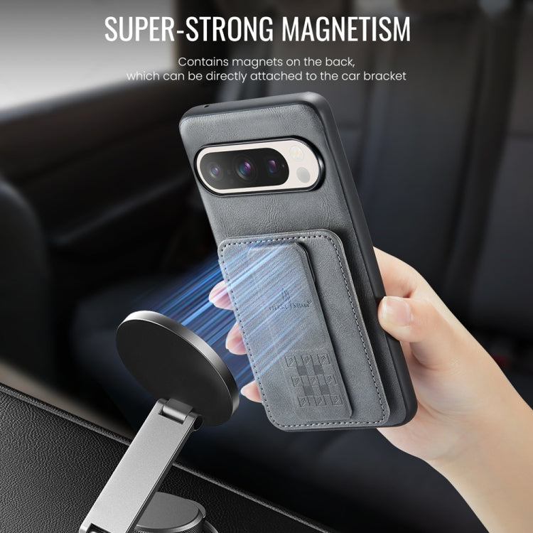 For Google Pixel 9 / 9 Pro Fierre Shann Oil Wax Cow Leather Card Holder Back Phone Case(Grey)