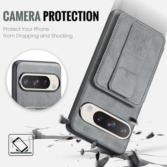For Google Pixel 9 / 9 Pro Fierre Shann Oil Wax Cow Leather Card Holder Back Phone Case(Grey)