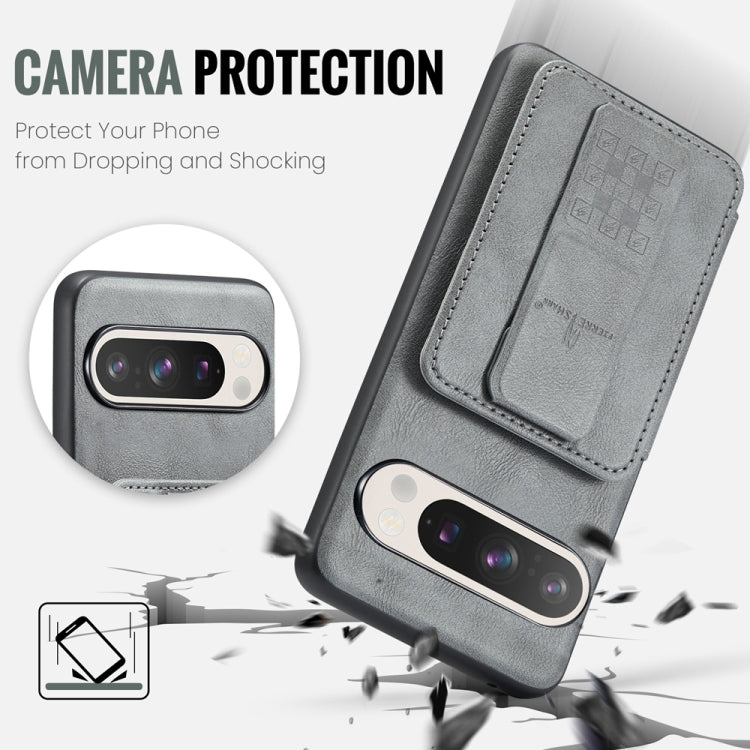 For Google Pixel 9 / 9 Pro Fierre Shann Oil Wax Cow Leather Card Holder Back Phone Case(Grey)