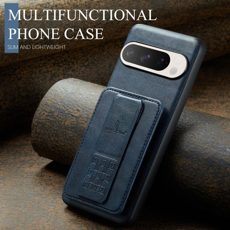 For Google Pixel 9 / 9 Pro Fierre Shann Oil Wax Cow Leather Card Holder Back Phone Case(Blue)