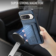 For Google Pixel 9 / 9 Pro Fierre Shann Oil Wax Cow Leather Card Holder Back Phone Case(Blue)