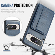 For Google Pixel 9 / 9 Pro Fierre Shann Oil Wax Cow Leather Card Holder Back Phone Case(Blue)