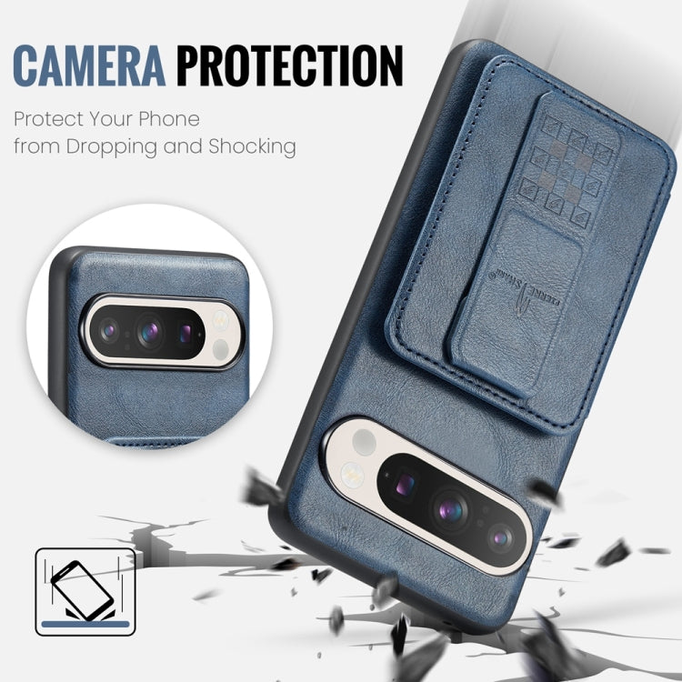 For Google Pixel 9 / 9 Pro Fierre Shann Oil Wax Cow Leather Card Holder Back Phone Case(Blue)