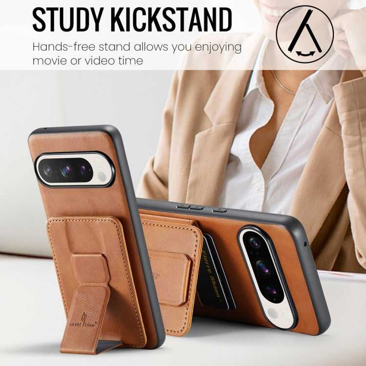 For Google Pixel 9 / 9 Pro Fierre Shann Oil Wax Cow Leather Card Holder Back Phone Case(Brown)