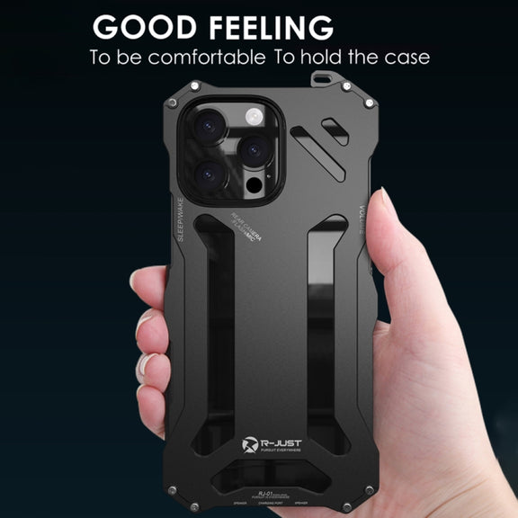 For iPhone 16 R-JUST RJ-17 Shockproof Armor Hollow Metal Phone Case(Black)