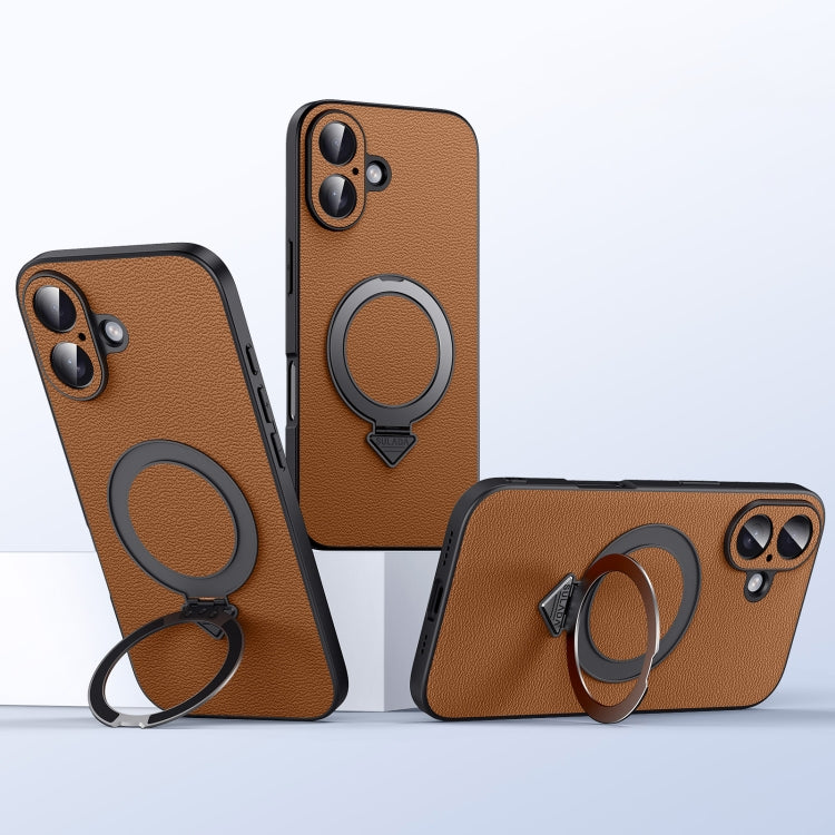 For iPhone 16 Plus SULADA Top Grain Leather MagSafe Magnetic Holder Phone Case(Brown)