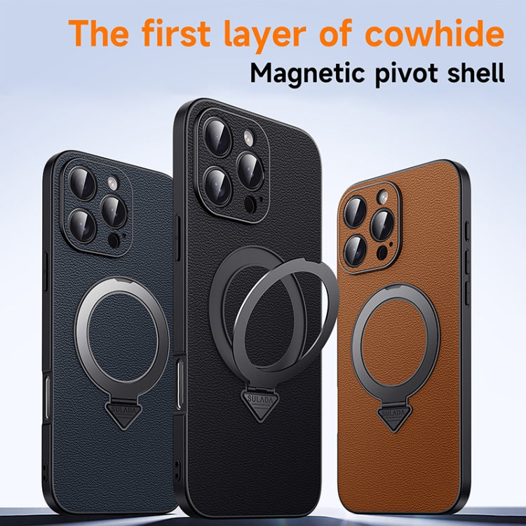 For iPhone 16 Pro SULADA Top Grain Leather MagSafe Magnetic Holder Phone Case(Brown)