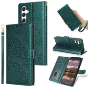 For Samsung Galaxy S25 5G Peony Flowers Imprint Leather Phone Case(Green)