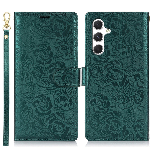 For Samsung Galaxy S25 5G Peony Flowers Imprint Leather Phone Case(Green)