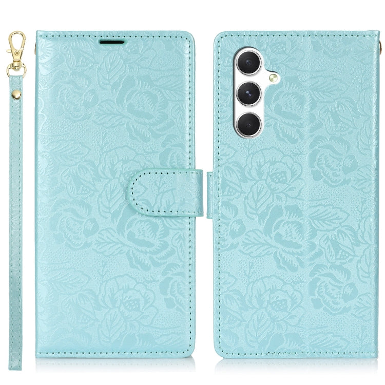 For Samsung Galaxy S25 5G Peony Flowers Imprint Leather Phone Case(Sky Blue)