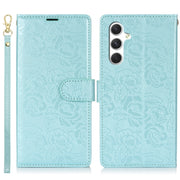 For Samsung Galaxy S25 5G Peony Flowers Imprint Leather Phone Case(Sky Blue)