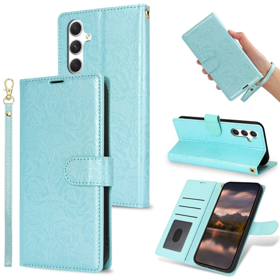For Samsung Galaxy S25 5G Peony Flowers Imprint Leather Phone Case(Sky Blue)