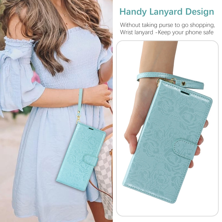 For Samsung Galaxy S25 5G Peony Flowers Imprint Leather Phone Case(Sky Blue)
