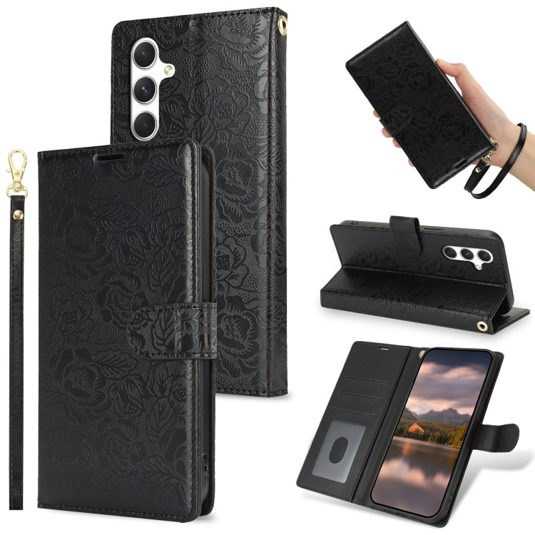For Samsung Galaxy S25+ 5G Peony Flowers Imprint Leather Phone Case(Black)