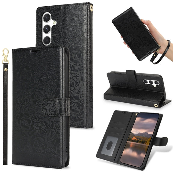 For Samsung Galaxy S25+ 5G Peony Flowers Imprint Leather Phone Case(Black)