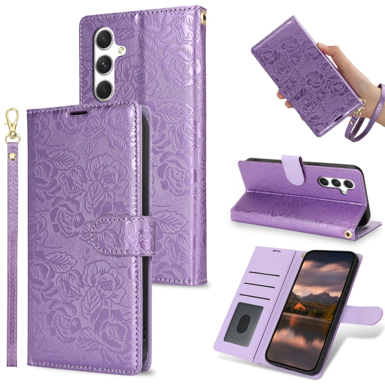 For Samsung Galaxy S25+ 5G Peony Flowers Imprint Leather Phone Case(Purple)