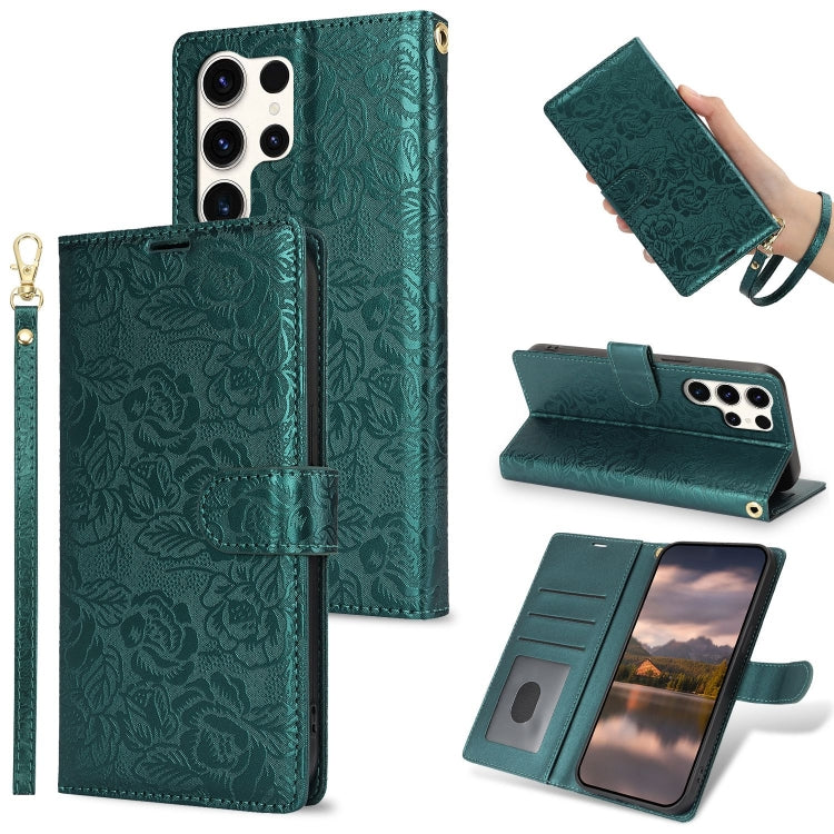 For Samsung Galaxy S25 Ultra 5G Peony Flowers Imprint Leather Phone Case(Green)