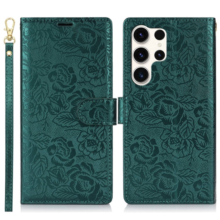 For Samsung Galaxy S25 Ultra 5G Peony Flowers Imprint Leather Phone Case(Green)
