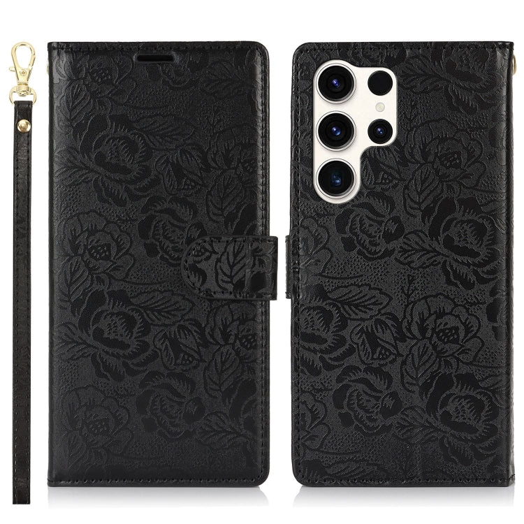 For Samsung Galaxy S25 Ultra 5G Peony Flowers Imprint Leather Phone Case(Black)