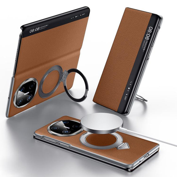 For Huawei Mate X6 SULADA Smart View Window MagSafe Magnetic Holder Leather Phone Case(Brown)