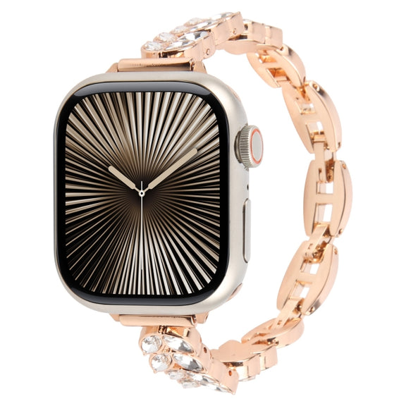For Apple Watch 42mm / 41mm / 40mm / 38mm Quick Release Leaf Diamond Alloy Slim Watch Band(Rose Gold)