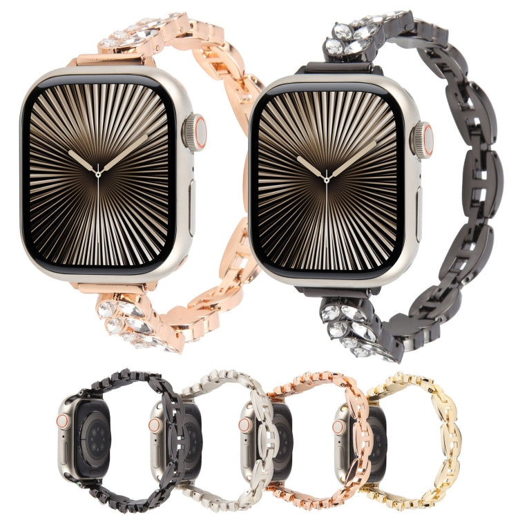 For Apple Watch 46mm / 49mm / 45mm / 44mm Quick Release Leaf Diamond Alloy Slim Watch Band(Gold)