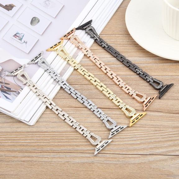 For Apple Watch 42mm / 41mm / 40mm / 38mm Quick Release U-Shaped Diamond Alloy Slim Watch Band(Gold)