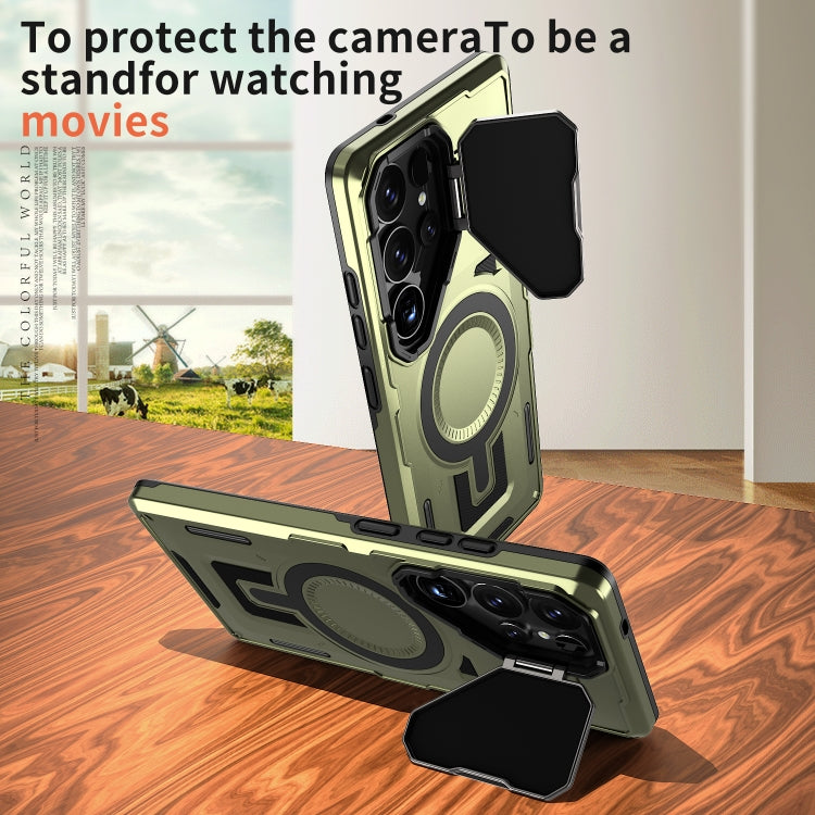 For Samsung Galaxy S25 5G Shield Frame Holder MagSafe Phone Case(Olive Green)