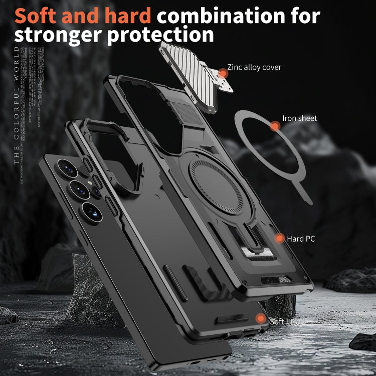 For Samsung Galaxy S25 5G Shield Frame Holder MagSafe Phone Case(Black)