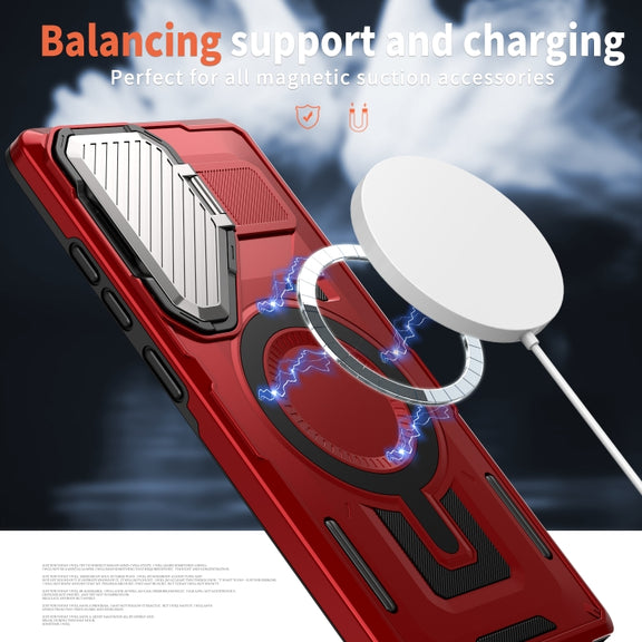 For Samsung Galaxy S25 5G Shield Frame Holder MagSafe Phone Case(Red)
