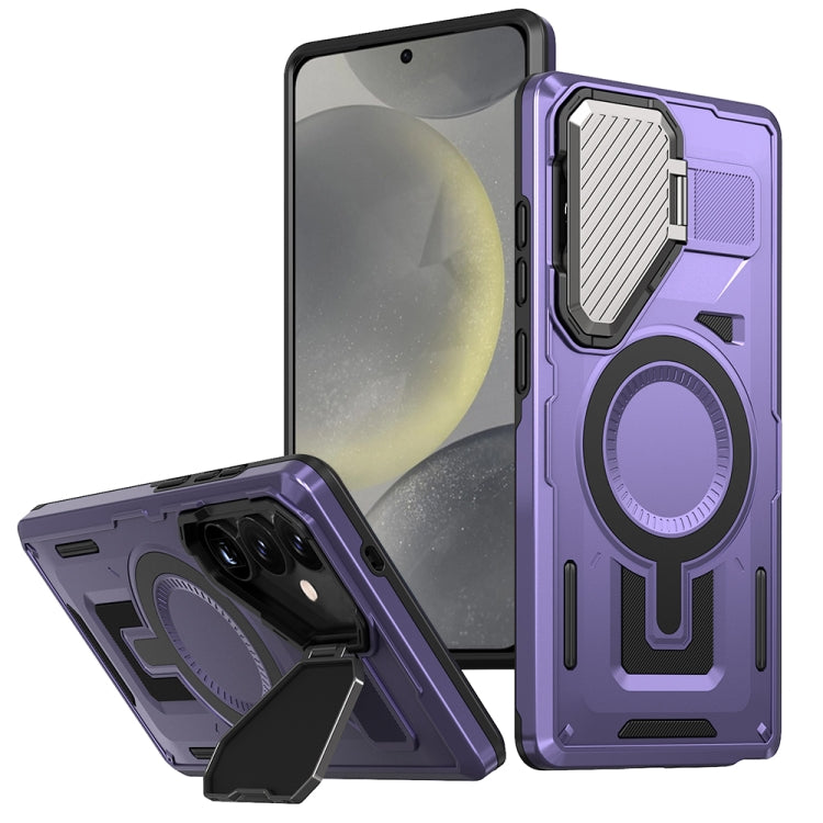 For Samsung Galaxy S25 5G Shield Frame Holder MagSafe Phone Case(Purple)